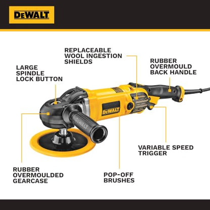 DEWALT Buffer Polisher, 7-in-9-in, 12 amp, Variable Speed Dial 0-3,500 RPM’s, Soft Start Corded Car Buffer (DWP849X)