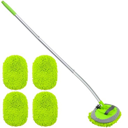 15° Curved Car Wash Brush with Long Handle 43" Extension Cleaning Mop Exterior Interior Carwash Duster 3-Section, 90° Pivoting Extralarge Microfiber Head for Scratch-Free Car, SUV & Truck - color: Green
