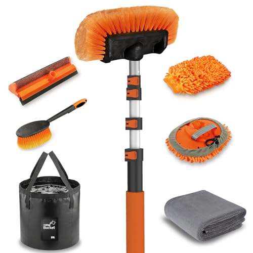 LAANPOLE 20FT Car Wash Brush with Long Handle, Car Cleaning Kit with Soft Bristle Wash Brush, Microfiber Cleaning Mop, Window Squeegee, Mitt, Wheel Brush, Bucket, Drying Towel for RV, Truck, Boat - size: 20FT