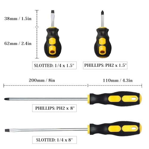 4-Piece Magnetic Screwdriver Set, 2 Phillips and 2 Slotted, Long & Stubby Blade Design, Precision 6mm Tip - color: Black & Yellow