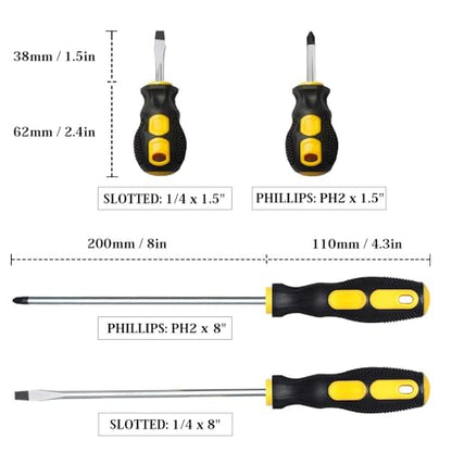 4-Piece Magnetic Screwdriver Set, 2 Phillips and 2 Slotted, Long & Stubby Blade Design, Precision 6mm Tip - color: Black & Yellow