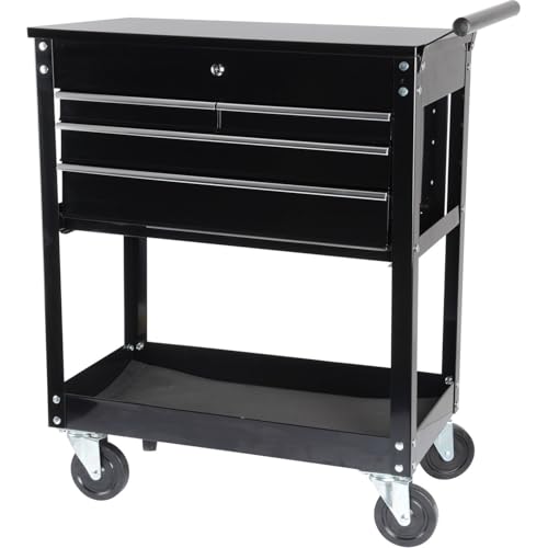 JEGS Rolling Tool Box Cart with Drawers - 4 Ball-Bearing Glided Drawers - 16-Gauge Steel - 580 LBS Total Capacity - Black Powder Coat Finish Toolbox on Wheels