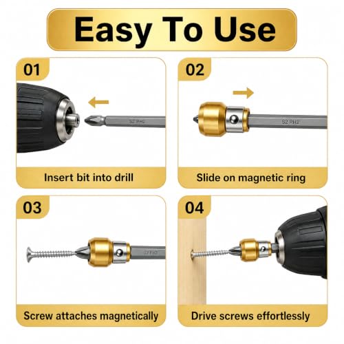 4-Piece PH2 Magnetic Screw-Holding Bit Set,Strong Magnetic Anti-Slip Impact Resistant Drill Bits, Compatible with Power Drivers for Woodworking Automotive Repair