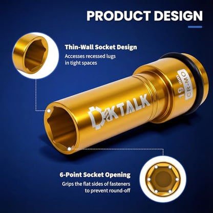 1/2" Drive 19mm Wheel Lug Nut Impact Socket,Color-Coded Non-Marring Deep Thin Wall Socket with Removable Protect Sleeve, 6 Point, Cr-Mo Steel - color: 19mm