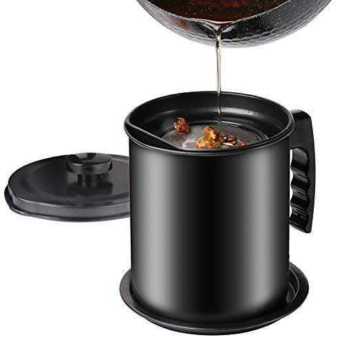 Cambom Bacon Grease Container with Fine Mesh Strainer, 1.3 L almost 6 Full Cups Iron Cooking Oil Can with Removable a Coaster Tray for Kitchen Fat Storage Black - color: Black, size: 1.3L