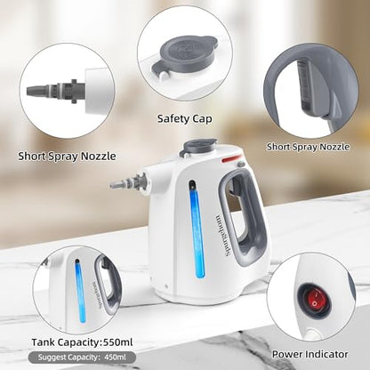 Spurgehom Handheld Multi-Surface Steam Cleaner with 11-Pc Accessories & Safety Lock – Dirty-Free, 550ML Large Capacity Steamer for Floors, Upholstery, Cars, and Home Use - color: White