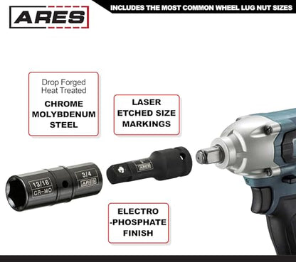 ARES 59010 5-Pc Lug Nut Flip Socket Set - Metric & SAE, 1/2-In Drive | 17-22mm & 3/4 to 15/16-In SAE Sizes; Impact-Grade Chrome-Moly Steel - size: 5pc SAE and Metric Set
