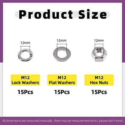 Swpeet 45Pcs Metric 304 Stainless Steel M12 Hex Nuts and M12 Flat Washers with Split Lock Washers Assortment Kit, Coarse Thread Hexagon Nut for Home Automotive Shop Use - size: M12 Hex Nuts & Washers