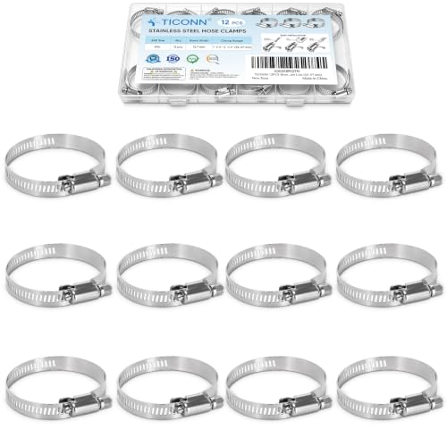 TICONN 12PCS Hose Clamp Set - 1 1/4''–2 1/4'' 304 Stainless Steel Worm Gear Hose Clamps for Pipe, Intercooler, Plumbing, Tube and Fuel Line (33–57 mm) - size: SAE #24 12PCS 1-1/4''~2-1/4"