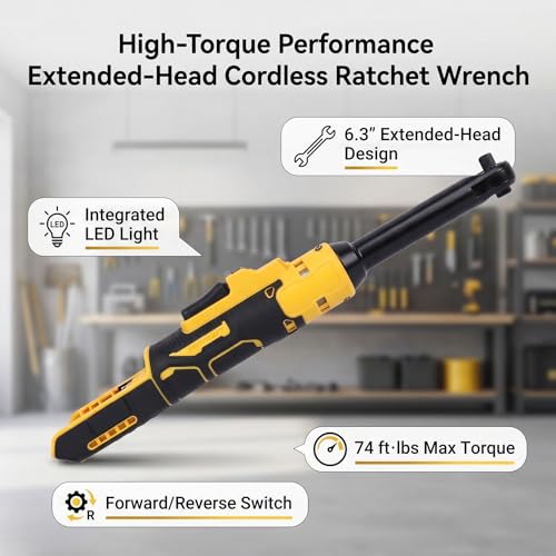 Goshyda Cordless Ratchet Wrench in Electric Wrench 74ft Lbs Torsion with 6 3 Inch Reinforced Head and Adapters for Automotive Repair Tight Spaces