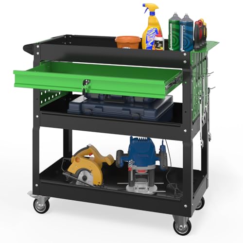 3 Tier Rolling Tool Cart on Wheels with Locking Drawer - Metal Service Cart Industrial Utility Cart for Mechanic - 350 LBS Mobile Storage Organizer for Garage (Black-Green) - color: Black-green