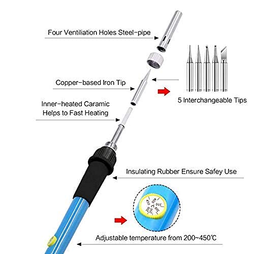 Electric Soldering Iron Kit 60W Adjustable Temperature Welding Soldering Iron with 5pcs Different Tips, 1 thread 1.0mm Dia. (Soldering Irons) - color: Blue