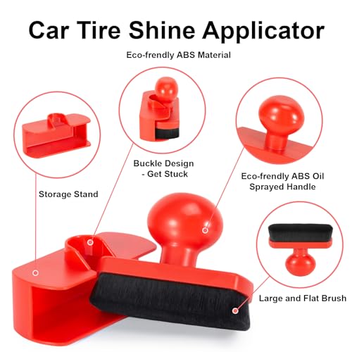 UNIMEIX Tire Shine Applicator Brush Large Vegan Tire Shine Brush with Storage Stand for Vehicles Tire Shine Polish Wax and Car Wash (Red) - color: Red