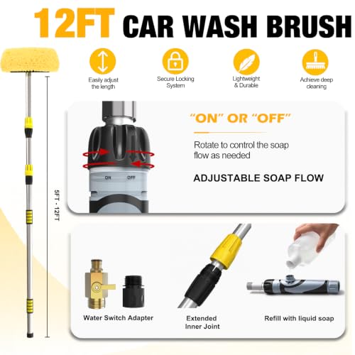 LAANPOLE 12FT Car Wash Brush with Long Handle, Car Cleaning Brush with 12 Inch Soft Bristle and Soap Dispenser, Solar Panels Cleaner with Telescoping Pole for RV, Truck, Boat, House Siding, Yellow - color: Yellow
