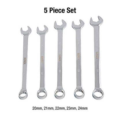 Sunex Tools 9918MA Metric V-Groove Combination Wrench Set, 20mm - 24mm, Fully Polished, 5-Piece (Includes Roll-Case)