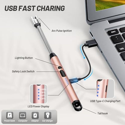 VEHHE Long Lighters Rechargeable with Safety Switch, USB C Lighter with 360° Flexible Neck, Windproof Flameless Plasma Arc Lighter with Led Battery Display for Fireworks BBQ Camping (Rose Gold) - color: Rose Gold