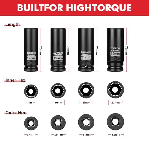 4 PC 1/2" Drive Deep Impact Socket Set(17-19-21-22mm) Metric 6 Point - size: 1/2" Metric 4PC Set