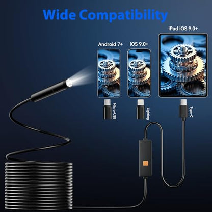 Endoscope Camera with Light, 1920P HD Borescope Tools with 8 Adjustable LED Lights, 16.4FT Semi-Rigid Snake Cord IP67 Waterproof Inspection Camera for iPhone, iPad, iOS and Android Phone - size: 16.4FT, style: Single Lens