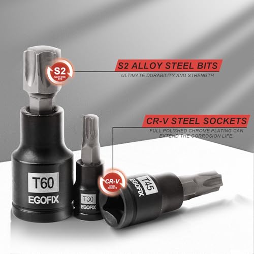 25 Piece Torx Bit and Socket Set, 13 Star Bits (T8- T60) & 12 E-Torx Sockets (E4-E22), Professional Grade Auto & Motorcycle Mechanic Set - style: 25PCS T & E socket set