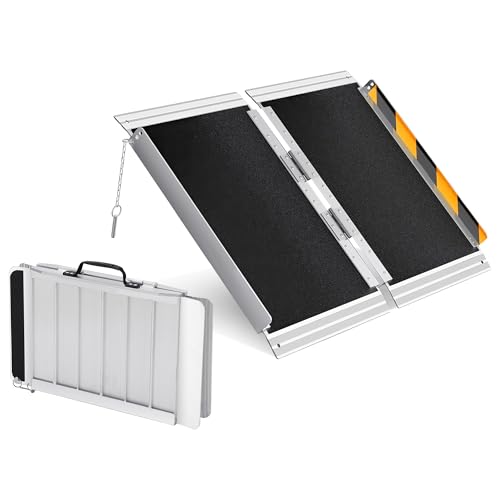 Portable Wheelchair Ramp Heavy Duty Aluminum Folding Ramp w/Non-Slip Surface, 600Lb Capacity, Threshold for Home Steps, Scooter for Car, Doorways, Curbs & Stairs (Foldable, Lightweight, Safety Lock) - size: 4 ft