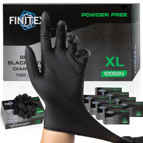 FINITEX Industrial Diamond Texture Nitrile Black Glove - 100/1000PCS Chemical Resistant 8mil Mechanic Disposable Gloves - color: Black (X-large 1000)