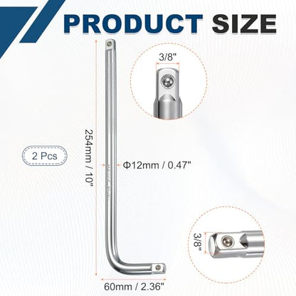 HARFINGTON 2 Pcs Socket Breaker Bar 3/8" Drive 10" Long 50BV30 Alloy Steel L-Shape Extension Bar Axle Nut Socket Wrench Hand Tool for Car Mechanical Equipment Repair, Silver - size: 3/8"x10"