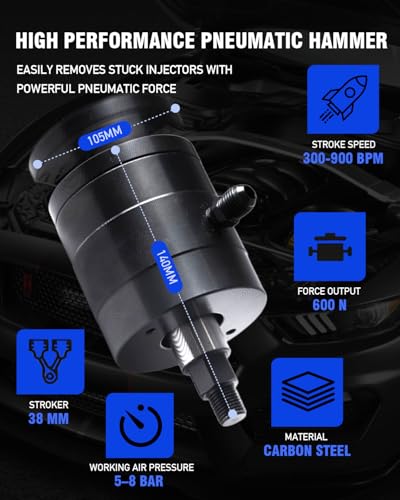INCENDIOS 27PCS Diesel Injector Puller Set, Pneumatic Air-Powered Removal Tool | Injector Extractor Compatible with Bosch Delphi Siemens Denso, 600N Force, 5-8 Bar, 19 Adapters, 3 Hooks&US UK EU Connectors - size: 27PC