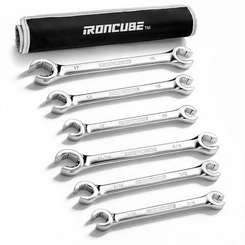 ironcube Flare Nut Wrench Set: 6-piece SAE & Metric Line Wrench Set for Removing or Replacing Nuts on Fuel, Brake or Air Conditioning Lines, Organizer Pouch Included