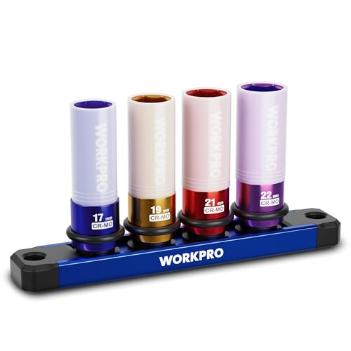WORKPRO 1/2" Drive Lug Nut Impact Duty Socket Set, 4 Pieces 17-19-21-22mm Deep Thin Wall Socket Set, Made of Premium Cr-Mo Steel, Non-Marring Lug Nut Wheel Sockets for Car - size: 1/2" DR x 4pcs (17/19/21/22mm)