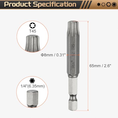 HARFINGTON 3pcs T45 Torx Head Screwdriver Bit 1/4" Hex Shank 2.6" (65mm) Long Magnetic No Hole Tip Tamper Proof 6 Point Star Screw Driver Drill Bits S2 Steel Industrial Power Screwdrivers - size: T45 x 2.6"(65mm)