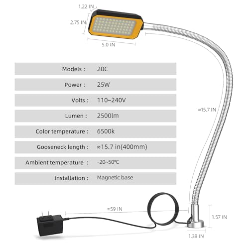 Magnetic Work Light, LED Machine Light with Flexible Gooseneck and Magnetic Base,25W 200~240V Volt Machine Light for Lathe,Work Bench, Sewing Machine,Workbench Industrial Lighting