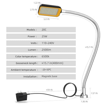 Magnetic Work Light, LED Machine Light with Flexible Gooseneck and Magnetic Base,25W 200~240V Volt Machine Light for Lathe,Work Bench, Sewing Machine,Workbench Industrial Lighting