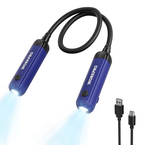 WORKPRO Rechargeable Neck Light, 3 Brightness Hands-Free Neck Work Light | Hands-Free Bendable Silicone Arm, Neck Flashlight Lamp, for Mechanics, Camping, DIY Projects, Crafting, Blue and Black - color: Blue