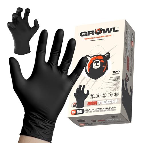 GrowlTECH 5 Mil Black Nitrile Industrial Gloves, Powder-Free, Textured Fingertips, Beaded Cuff, Sizes S–XXL, 100 or 1000 - size: Small
