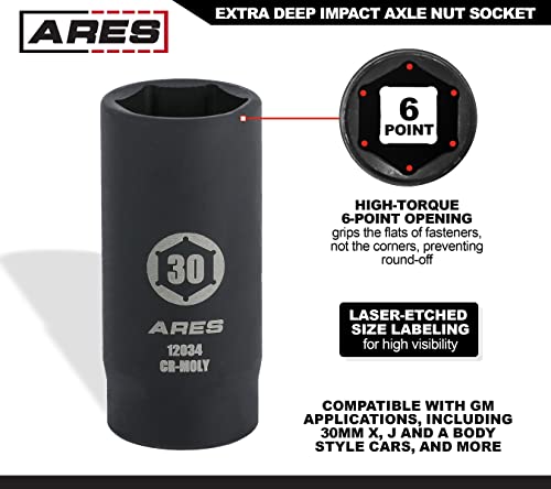 ARES 12034 30MM Axle Nut Socket, 6 Point Socket | Extra Deep 1/2-Inch Drive Impact Socket for Easy Removal of Axle Shaft Nuts - size: 30mm 6-Point