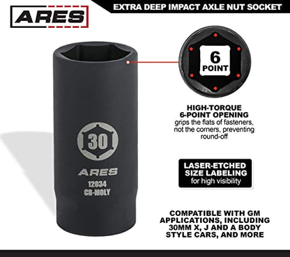 ARES 12034 30MM Axle Nut Socket, 6 Point Socket | Extra Deep 1/2-Inch Drive Impact Socket for Easy Removal of Axle Shaft Nuts - size: 30mm 6-Point