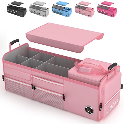 LIBZAKI Oversize 4 in 1 Car Trunk Storage Organizer, Multi Compartment Collapsible Trunk Storage Box with Cooler Bag for Car Truck SUV-Pink - color: Pink, size: Oversize