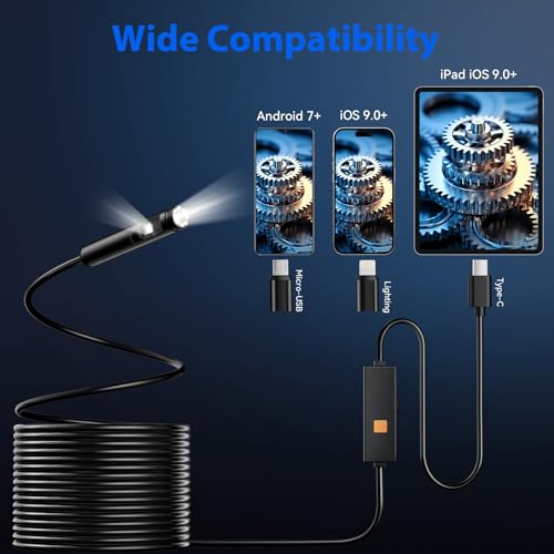 Endoscope Camera with Light, Dual-Lens 1920P HD Borescope Tools with 8+1 Adjustable LED Lights, 16.4FT Semi-Rigid Snake Cord IP67 Waterproof Inspection Camera for iPhone, iPad, iOS and Android Phone - size: 16.4FT, style: Dual Lens