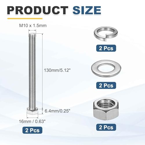 MECCANIXITY M10 x 130mm 304 Stainless Steel Hex Head Screws Bolts, Nuts, Flat & Lock Washers Assortment Kit, Fully Threaded, Bright Finish for Home, Electronic, Machine, 2 Sets - size: M10 x 130mm