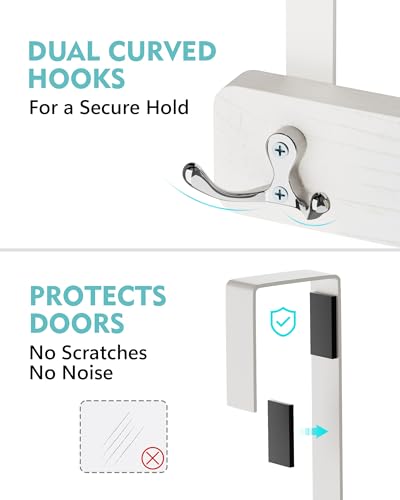 Mop and Broom Holder Wall Mount, No Drill Over the Door Broom and Mop Holder with 4 Slots and 4 Hooks, Wood Tool Hanger for Laundry, Cabinet, Kitchen, Garage - color: White