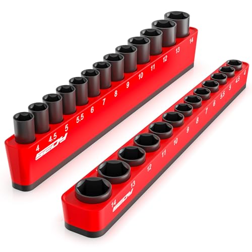2-Piece 1/4"-Drive Metric Magnetic Socket Organizer Set (Holds 26 Sockets) - Detachable Tool Tray with 5mm Magnetic Base, Screw-Fixed Design & Heavy-Duty Modular Storage for Garage/Home Workshop - style: 2-Pc 1/4" Drive - Metric (Holds 26)