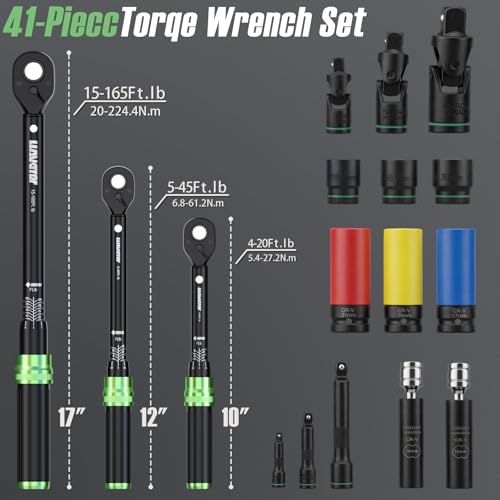 Torque Wrench Set, 1/4 3/8 1/2 Drive 41-Piece Kit with Sockets & Extensions, ±3% Accuracy Dual Scale, CR-V Steel, 72-Tooth Ratchet for Auto, Bike, Moto Repair & Industrial