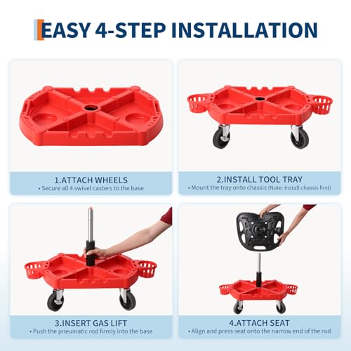 GarveeTech Rolling Mechanic Stool, 300 LBS Capacity, 19 in -25 in Height Adjustable Shop Stool with Tool Tray & 4 in 360° Lockable Swivel Wheels for Garage, Auto Repair, Workshop, ‌Heavy Duty, Red - size: Model 2
