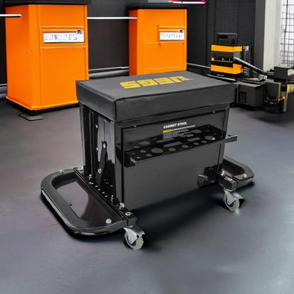 JEGS 3-Drawer Mechanics Roller Seat Tool Box | Black With JEGS Logo | Two Folding Tool Trays With Magnetic Pads | Vinyl Padded Seat Cushion | Rear Tray For Screwdrivers And Pliers | Load Limit 350 LBS