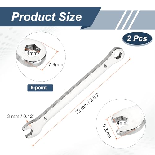 HARFINGTON 2Pcs Mini Super Thin Combination Wrench 4mm Metric 6-Point Box and Open End Stainless Steel Double Ended Spanner Tool for Automotive Pipe Furniture Machinery DIY Repair, Silver - size: 4mm