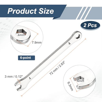 HARFINGTON 2Pcs Mini Super Thin Combination Wrench 4mm Metric 6-Point Box and Open End Stainless Steel Double Ended Spanner Tool for Automotive Pipe Furniture Machinery DIY Repair, Silver - size: 4mm
