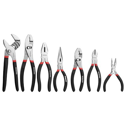 WORKPRO 7-piece Pliers Set, Black | Groove Joint Piler, Long Nose Piler, Slip Joint Piler, Linesman Piler, Diagonal Pliers for DIY & Home Use - color: Red, Black