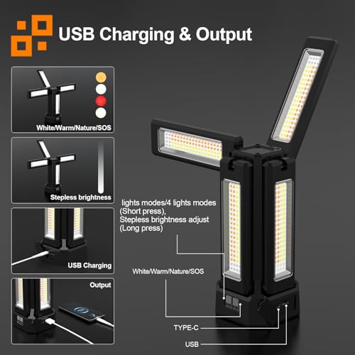 13200mAh Rechargeable Solar Work Light with Folding Stand and Carrying Bag, AODOO 8000 Lumen Stepless Dimmable , White/Warm/Nature White/RED(SOS) with Detachable Tripod (Black(No Tripod)) - color: Black(No Tripod)