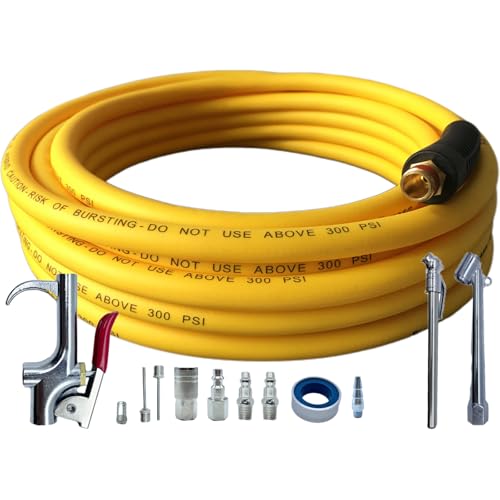 Air Hose 1/4 in x 30 ft, Hybrid Air Compressor Hose Kit with 1/4 in NPT Male Threads, 13 Piece Air Tool & Air Compressor Accessories Kit, Bend Restrictors, 300 PSI (Yellow, 30FT-13 Pieces) - color: Yellow