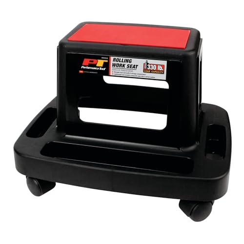 Performance Tool W85026 Multi-Slot Creeper Rolling Work Seat with Storage Tray for Mechanic Garages and Workshops, Black/Red, 18x13.4x12.4-Inches - style: Rolling Work Seat